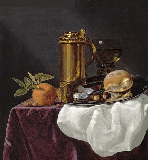 simon luttichuys Tankard with Oysters, Bread and an Orange resting on a Draped Ledge